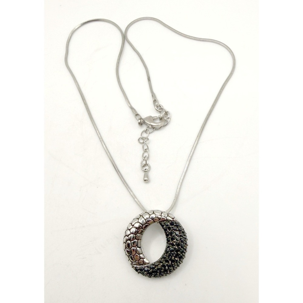 Marcasite Style Circle Pendant Snake Chain‎ Necklace Silver Tone 16-18"